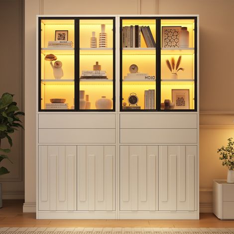 Set de 2 vitrinas para salón 70x34x180cm para oficina y comedor - de madera y cristal con iluminación led bluetooth 2 cajones 4 puertas - blanco mate (1/5)