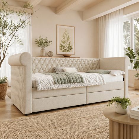 CHICFURN Sofá cama 90x200 cm beige de lino con 2 cajones, sin colchón (1/5)