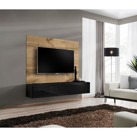 Ensemble meuble TV mural Switch PR1 - Bois MDF noir et chêne Wotan - 180 x 148 x 40 cm - Livraison gratuite