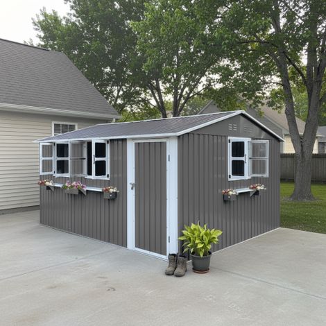 Abri de Jardin 10m² en Acier Galvanisé Gris, Remise à Outils Extérieur Étanche avec Double Porte Verrouillable et 3 Fenêtres