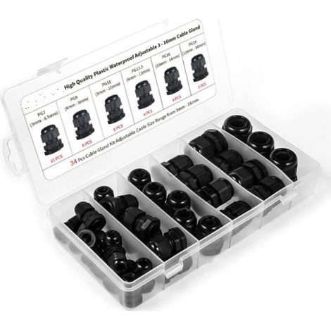 Tonchean – Packung mit 34 wasserdichten Kabelverschraubungen aus Kunststoff – Modelle PG7, PG9, PG11, PG13.5, PG16, PG19 – Wasser- und Staubschutz