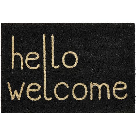 Felpudo moderno de interior 40 x 60 cm motivo de texto revestimiento de PVC antideslizante fibra de coco negro Fansipan