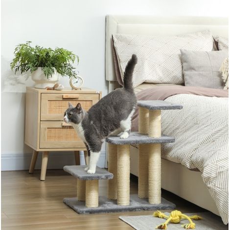 Escalera para mascotas 3 peldaños 54 cm con rascadores de sisal y bola colgante gris DESVIAE (1/5)