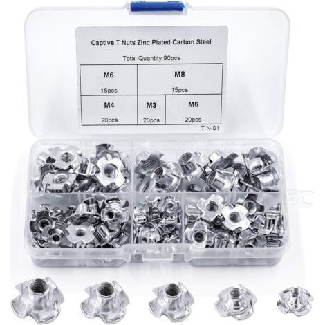 90pcs Ecrou en T 4 Griffes, Ecrous en T en Acier au Carbone, M3/M4/M5/M6/M8, Travail du Bois Meuble, Écrou Inserts en Acier au Carbone T (1/5)