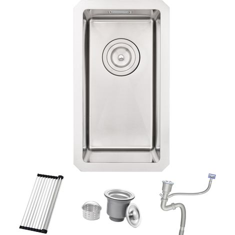 Évier de cuisine, en acier inoxydable 304, 25 x 45 cm, Petit Évier de cuisine, Montage Encastré ou Supérieur, avec Trop-Plein, Siphon, Support Enroulable (1/5)