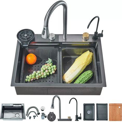 Kitchen Sink Set Multifunctional Waterfall Sink,Grey Stainless Steel Nano Home Workstation Sink with Drainer,Pull-Out Faucet,Pressurized Cup Washer,(60x45CM) (1/5)