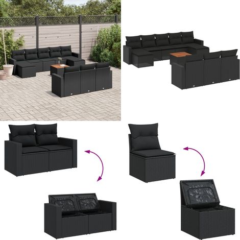 Salon de jardin 11 pcs avec coussins noir résine tressée - Ensemble Salon De Jardin - Mobilier Extérieur - Jardin Design - Chaise Lounge - Set Salon - Home & Living (1/5)