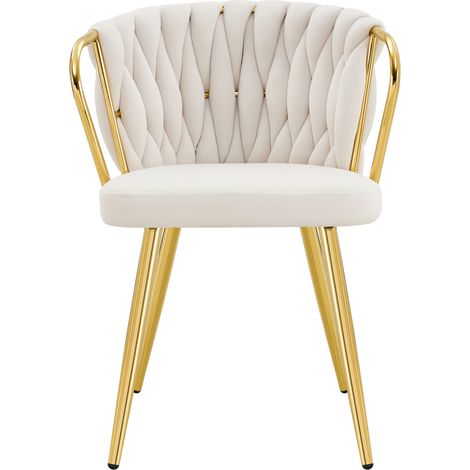 Silla de comedor de terciopelo beige con respaldo trenzado y patas metálicas doradas HOMVRA (1/5)