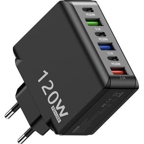 Chargeur rapide multi-port 120W plusieurs coloris, 3USB + 3PD prise européenne pour smartphone (1/5)