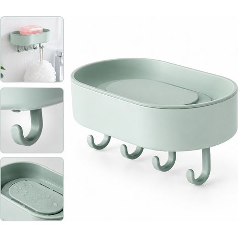 Porte Savon Mural Adhesif PP 2 Pieces avec 8 Crochets Vert Clair 15 x 8.5 x 3.5 cm (1/5)