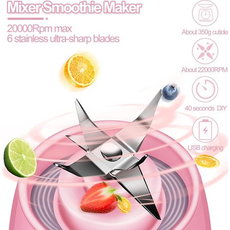 Tragbarer Mini-Mixer (380 ml), USB-aufladbar, ideal für Smoothies, Säfte und Eiscreme. Perfekt für Reisen und Sport. – Pink
