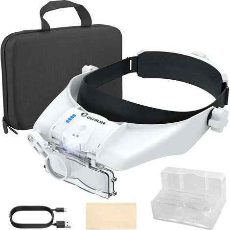Kopfvergrößerungsbrille mit verstellbarer LED-Beleuchtung, weitem Sichtfeld – 5 abnehmbare Linsen (1,5x–3,5x) + 8x-Zusatzlinse für bis zu 13-fache Vergrößerung, 2 Helligkeitsstufen