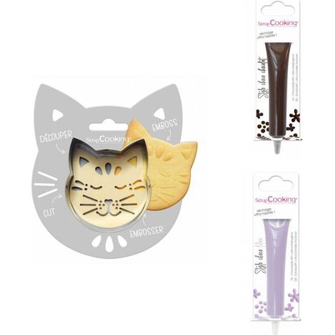 Kit pour biscuit en relief Chat + 2 Stylos au chocolat marron et lilas
