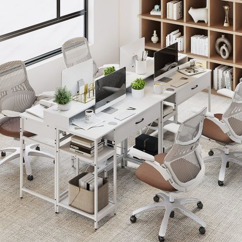 Bureau informatique blanc en métal avec étagère, tiroir, rangements et station de charge USB-C pour bureau, chambre et salon (1/5)