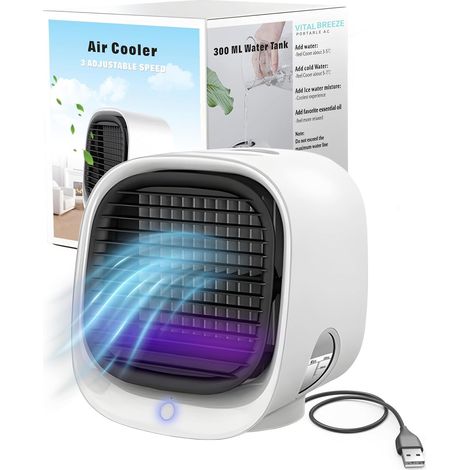 Climatiseur portable à évaporation, fonctionnement silencieux 40 dB, 3 vitesses de ventilation, filtre lavable, veilleuse à changement de couleur, mini puissance AC pour une utilisation dans la chambr (1/5)