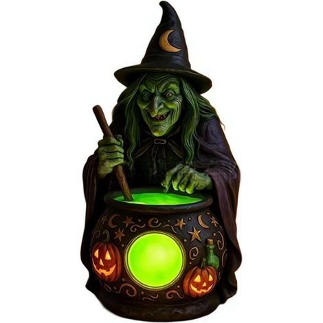 Chaudron de sorcière Halloween lumineux – Figurine décorative en résine avec éclairage, style vintage pour étagère, maison et cheminée (1/5)