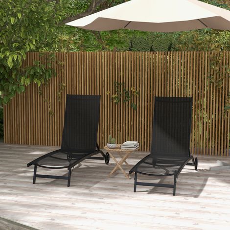 Lot de 2 bains de soleil en aluminium et textilène avec roulettes dossier inclinable charge max. 150 Kg noir