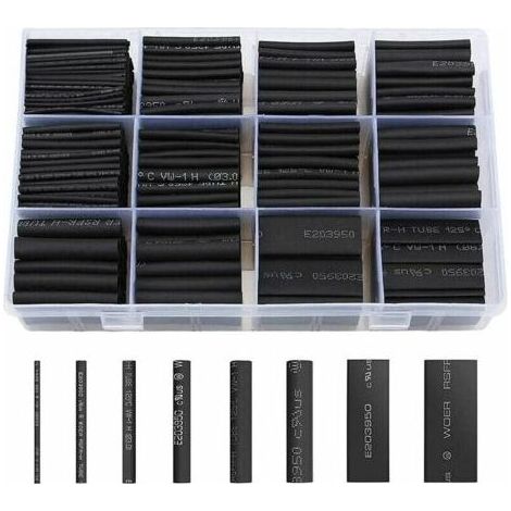 Gaine Thermorétractable 650pcs Tube Thermorétractable Noir 8 Tailles Ratio 2:1 Gaine Thermo Retractable Kit, Noire-INHHUB (1/5)