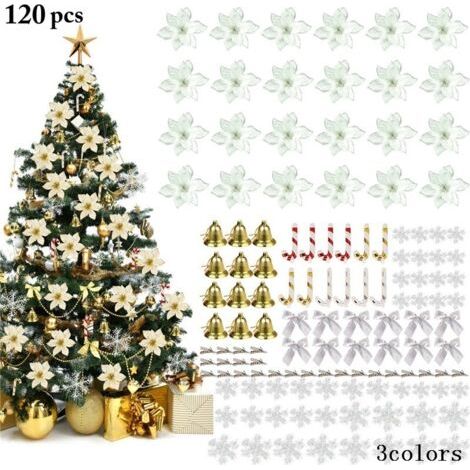 Sollbry Lot de 120 décorations de sapin de Noël avec poinsettia pailleté, décorations (argent), 24 x fleurs de sapin de Noël, 36 x flocons de neige, 12 x nœuds, 12 x cloches, 12 x petites cannes, 24 x