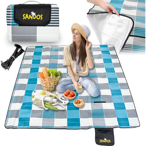 Manta de picnic de playa, tapete aislante, 200 x 200, anclajes, impermeable, rejilla grande (1/5)