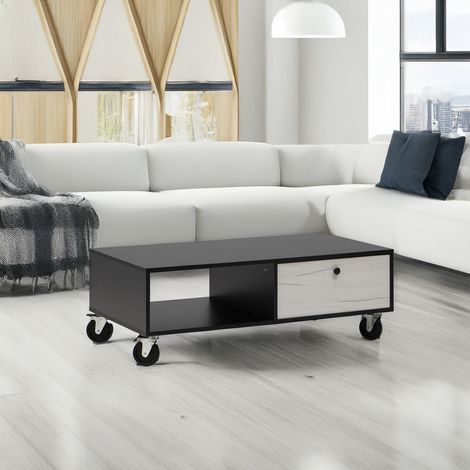 Mesa de Centro 110x55x38 negro y gris, con cajón, balda abierta y ruedas industriales (1/5)
