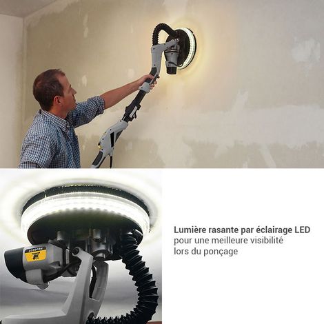 Peugeot – Ponceuse girafe télescopique 810W – Bras télescopique jusqu'à 1,6m – Éclairage LED – Pour ponçage murs et plafonds en plâtre