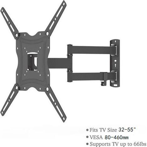 – Support TV mural réglable 32-55' – Rotatif avec niveau à bulle – Charge max 30 kg – Inclinaison -15° à 15° – Acier laminé à froid (1/5)
