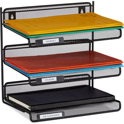 Relaxdays Letter Rack Metal, 3 Tiered, Labels, DIN A4, Office, Study Desk File Organizer, Wall-mount, 32x33x25 cm, Black