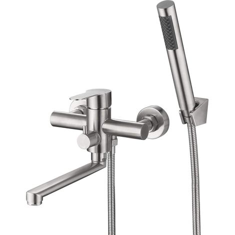 Robinet de Baignoire Mitigeur de bain en Acier Inoxydable Mural Robinet de Douche avec Douchette à Main Support mural et Tuyau de douche, Mitigeur Bain Rond Fixé au Mur pour Salle de Bains