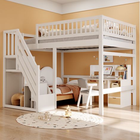Hochbett 140 x 200 cm mit Stauschrank-Treppe, hohe Umrandung, weiß HAVRYA (1/5)