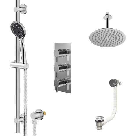 Circo Polished Chrome Concealed Triple Thermostatic Shower Valve with Diverter and 200mm Round Head with 150mm Ceiling Arm and Clyde Slide Rail Kit with Free-Flow Bath Filler - 3 Outlet (1/5)