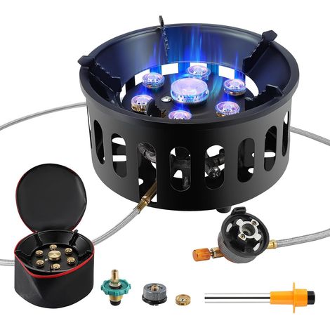 Hornillo de gas para camping, hornillo con 7 quemadores de cobre, quemador ajustable y plegable, accesorios para camping, horno resistente al viento para camping. (1/5)