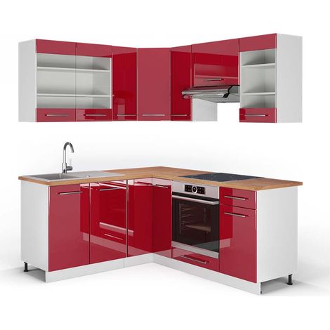 Cuisine en angle Fame-Line, Bordeaux haute brillance/blanc, 160 x 190 cm , PT Chêne, Vicco