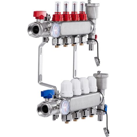 Collecteur de distribution radiant 4 voies, inox 1/2" pour chauffage au sol hydronique, avec adaptateurs inclus. (1/5)