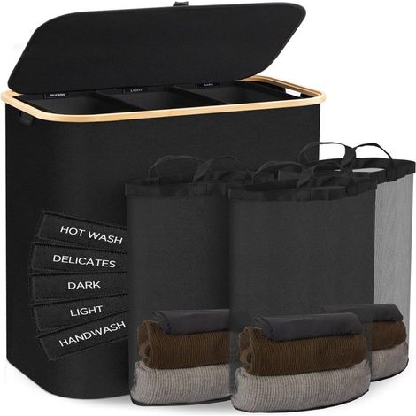 Cesto de ropa plegable con tres compartimentos, capacidad de 160 litros, con tapa, ideal para dormitorios, baños o para la colada general del hogar. Color: Negro. Dimensiones: 57 x 37 x 74 cm. (1/5)