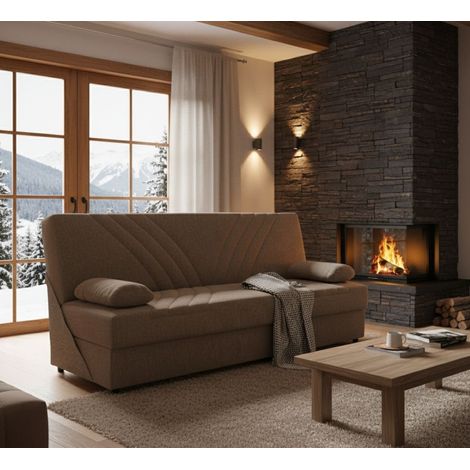 Dmora Sofá cama Ramon, Sofá cama contenedor de 3 plazas con 2 cojines incluidos, Sofá de salón en tela acolchada con apertura clic-clac, Cm 181x81h88, Beige, con embalaje reforzado (1/5)