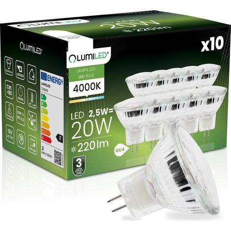 10 lampadine LED GU4 Spotlight MR11 2,5W = 20W 220lm 4000K Neutro 120° 12V LUMILED