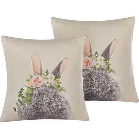 Conjunto de 2 cojines decorativos cuadrados de algodón gris pardo con estampado 45 x 45 cm Conejo de Pascua Fatsia