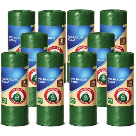 Lot de 150 sacs poubelle renforcés de 30 L ( 10 rouleaux de 15 sacs ) 100% recyclés, anti-fuite et ultra résistants, coloris vert (1/3)