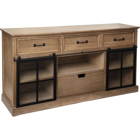 Atmosphera – Buffet 2 portes en sapin avec 4 tiroirs et niche de rangement – Dimensions 160x40x85cm – Finitions en fer et verre trempé (1/6)