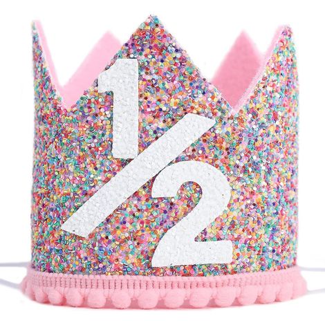 Corona de cumpleaños multicolor con lentejuelas, gorro de fieltro rosa con pompón, elástico ajustable para niños, accesorio para fotos de fiesta. (1/5)