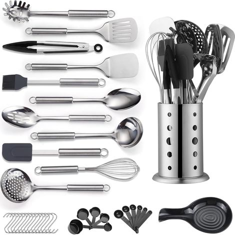 Ensemble d'ustensiles de cuisine, 39 pièces ensemble d'ustensiles de cuisine en acier inoxydable, ensemble cuillère spatule avec porte-ustensiles en acier inoxydable robuste, compatible (1/5)