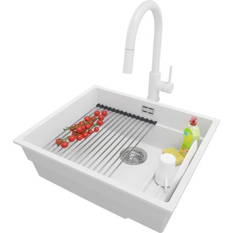 PRIMAGRAN Evier Cuisine en Granit 56x47cm, Lavabo 1 bac + Robinet 40x20cm + Kit de Vidage + Accessoire, Évier à Encastrer au meuble 60cm - Prague Slim, Blanc (1/5)