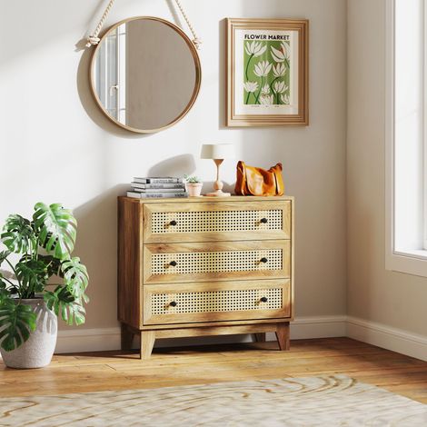 Commode 3 tiroirs meuble de rangement cannage en rotin aspect bois clair 80 x 35 x 76 cm
