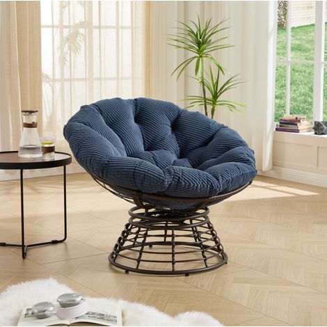 Sedia girevole 360° con cuscino imbottito in velluto a coste, struttura in acciaio e rattan PE, stile moderno, blu scuro (1/5)