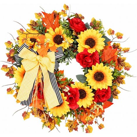 Couronne de porte automnale tournesol, guirlande artificielle, décoration d'automne pour porche ou mur, décoration extérieure pour Thanksgiving (1/5)