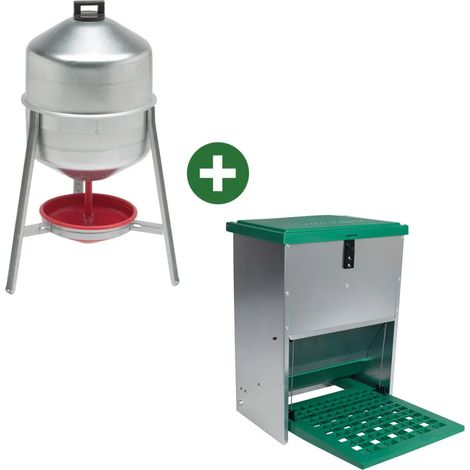 Abreuvoir métal galvanisé 30 L + Mangeoire à trémie anti nuisibles Feedomatic 20kg (1/5)
