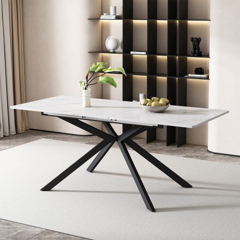 Automatic Extendable Rectangular Dining Table with Cross Leg Design-Marble Structure,Black and White Finish,Size L150/180xW70xH75.5cm