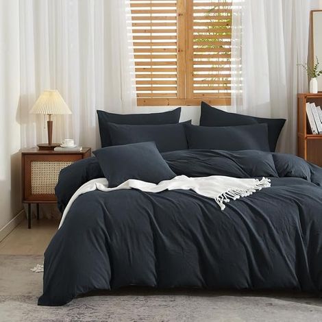 Housse de Couette Coton Lin 220x240 Gris Parure de Lit 100% Lin Coton (1/5)