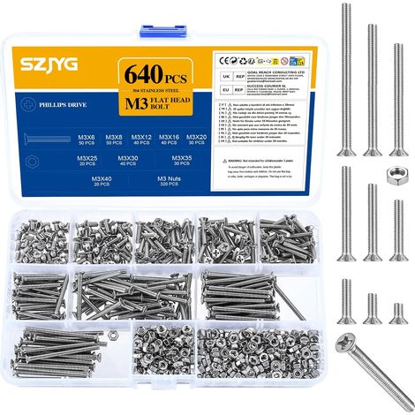 Lot de 640 vis M3 à tête fraisée en acier inoxydable avec écrous, vis cruciformes, assortiment de vis filetées et écrous (M3) (1/5)